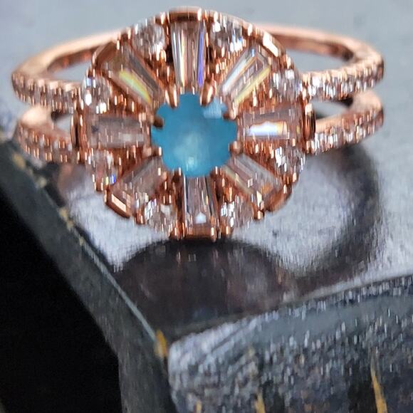 Rose Gold Plated Eternity Ring with Blue Gemstones - Size 10 - Picture 1 of 10